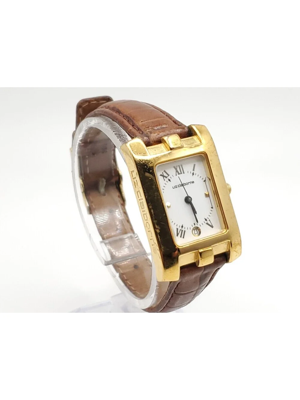 Liz Claiborne Quartz Watch Women New Battery Gold Tone White Date Dial Rectangle